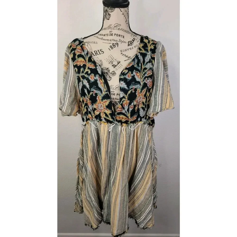 Free People Babydoll Under The Sun Mini Dress Tunic Top Boho Floral Sz Medium